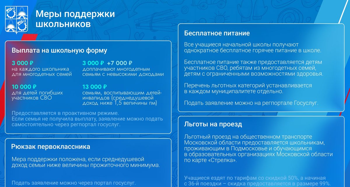 Школьникам Балашихи помогают с формой, питанием, рюкзаками и проездом